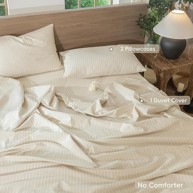 MooMee Striped Duvet Cover Set 100% Washed Cotton Linen Like Textured Breathable Durable Soft Comfy (Almond Milk Grey White Wide Stripes, Oversized Full 82"x86")