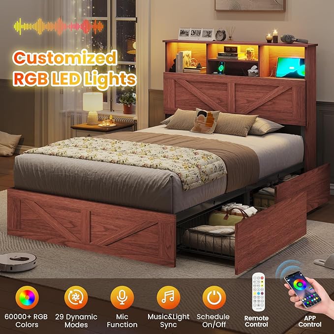 VIAGDO Farmhouse Bed Frame Twin Size with Bookcase Storage Headboard, Charging Station and LED Lights, Wooden Twin Bed Frames with 4 Drawers, Barn Door Design, No Box Spring Needed, Reddish Brown