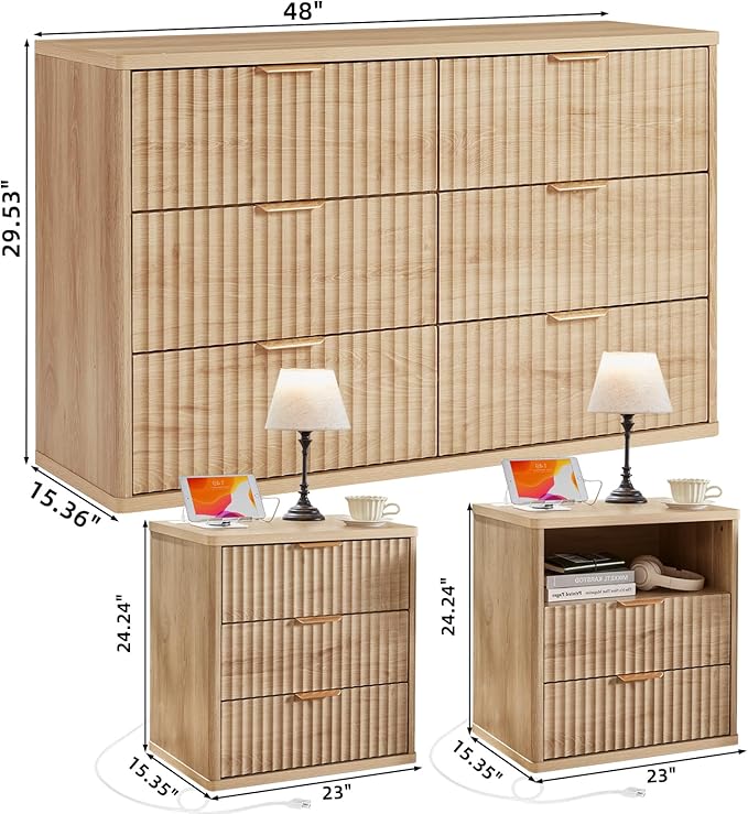LEYAOYAO 48" Wide Fluted Dresser and 23" Nightstand Set of 2, Wooden Dresser & Night Stand with Charging Station, 3 Piece Bedroom Furniture Set, Chest of Drawer for Living Room,Natural Wood
