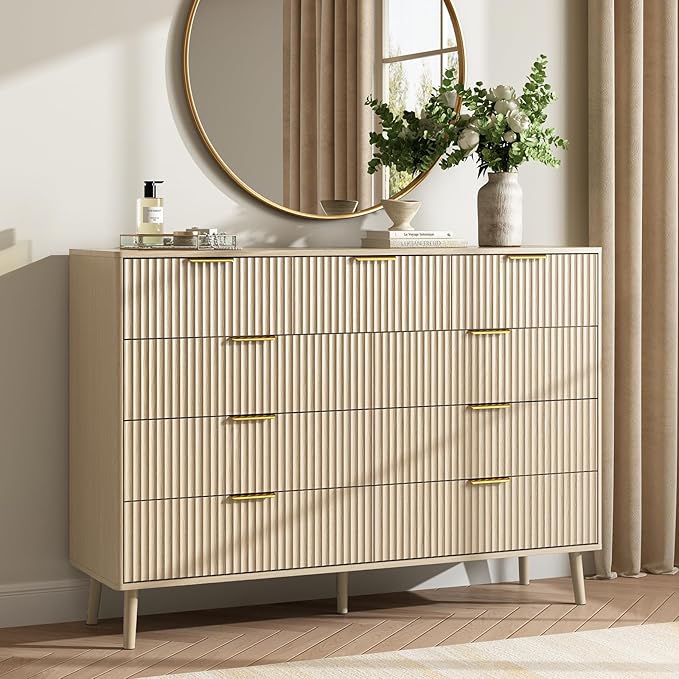 CARPETNAL Fluted 9 Drawer Dresser for Bedroom, 55" Wide Wooden Chest of Drawers with Rounded Corners, Gold Handles, Modern Storage Organizer for Bedroom, Hallway (Beige)