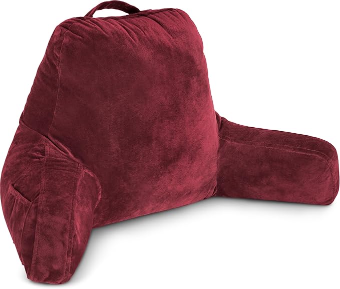 Husband Pillow Maroon, Original Reading Pillow in Bed Rest Chair, Shredded Memory Foam Large Lounge Cushion Adult Backrest with Arms, Comfy Back Support for Sit Sitting Up, Washable/Removable Cover