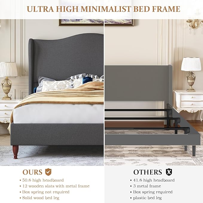 koorlian Queen Upholstered Bed, Soft Chenille Sleigh Platform Bed Frame with Wingback Tall Headboard, Retro Minimalist/No Box Spring Required/Easy Assembly, Grey