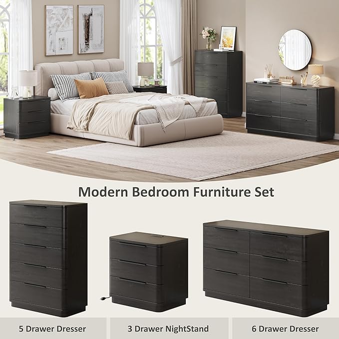 6 Drawer Dresser for Bedroom, 54" Wide Modern Chest of Drawers with Metal Handle, Curved Profile Design, Wooden Black Dresser Closet Clothes Storage TV Stand for Living Room, Hallway