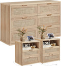 LEYAOYAO Rattan Dresser and Nightstand Sets 3 Piece, Boho Wood Dresser for Bedroom with 6 Drawers and Night Stand with Charging Station, Bedroom Furniture, Dressers & Chests of Drawers, Living Room