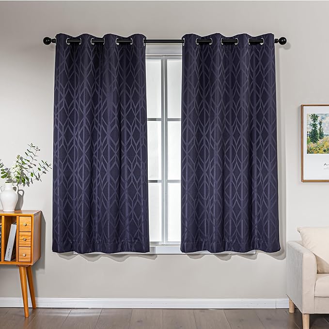 Amazon Basics Jacquard 2-Piece 100% Blackout Curtains, Living Room and Bedroom Drapes, Thermal Insulated Window Treatment, 42"x63", Dark Blue
