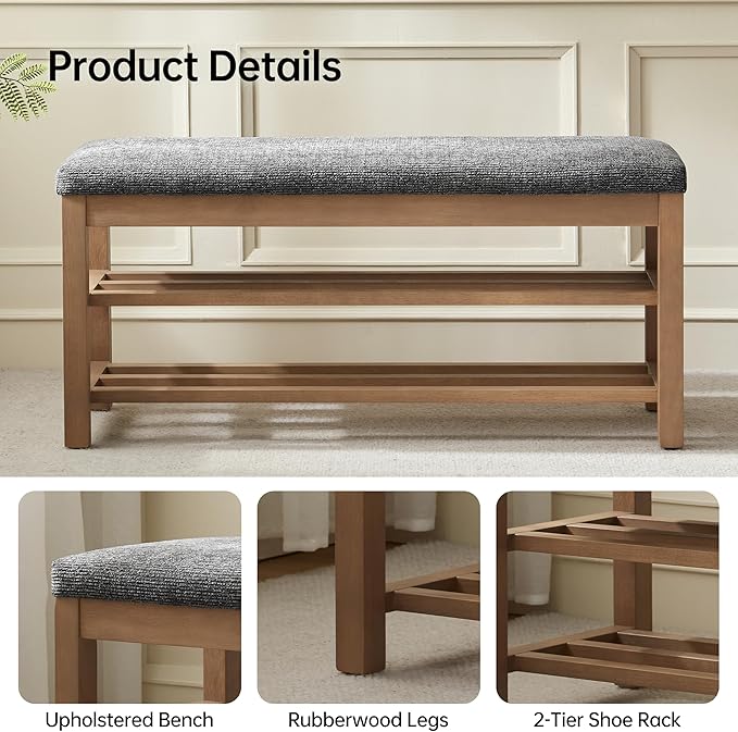 VKNOW 44.3” Wooden Entryway Bench, 2-Tier Upholstered Shoe Bench for Bedroom, Storage End of Bed Bench with Rubberwood Legs for Living Room, Hallway, Black