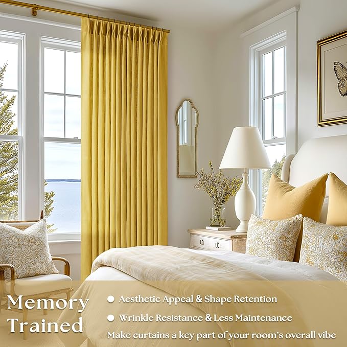 Extra Long Mustard Yellow Linen Curtains 120 Inches Long Gold Yellow Funky Farmhouse Rustic Curtain Light Filtering Semi Sheer Back Tab Pinch Pleat Curtain for Tall Ceiling Living Room 2 Panels