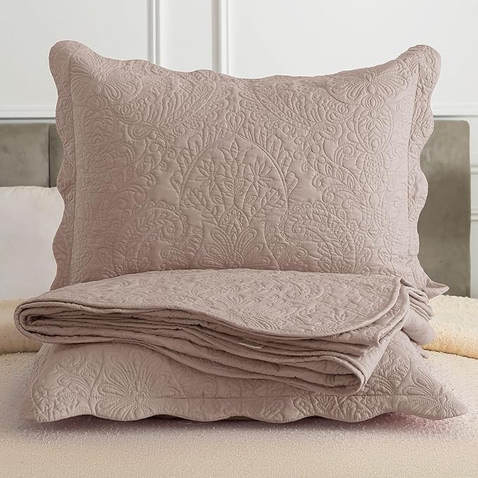 HoneiLife Queen Quilt Bedding Set - Microfiber Quilt Sets for Queen Bed, 3-Piece Lightweight Bedspreads,Reversible Coverlets Rustic Bedlinen Sets, Floral Bedding Set All Season Quilts-Dark Khaki