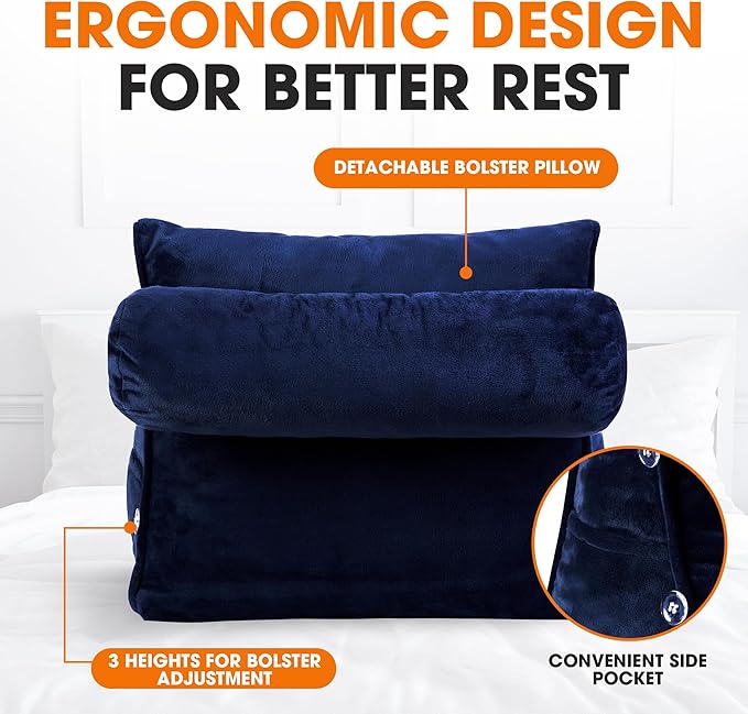 Cheer Collection Reading Wedge Pillow – TV Pillow with Adjustable Bolster Pillow, Memory Foam Back Support for Couch & Bed, Pillow Chair for Bed, Reading Pillows for Adults & Kids, Navy Blue