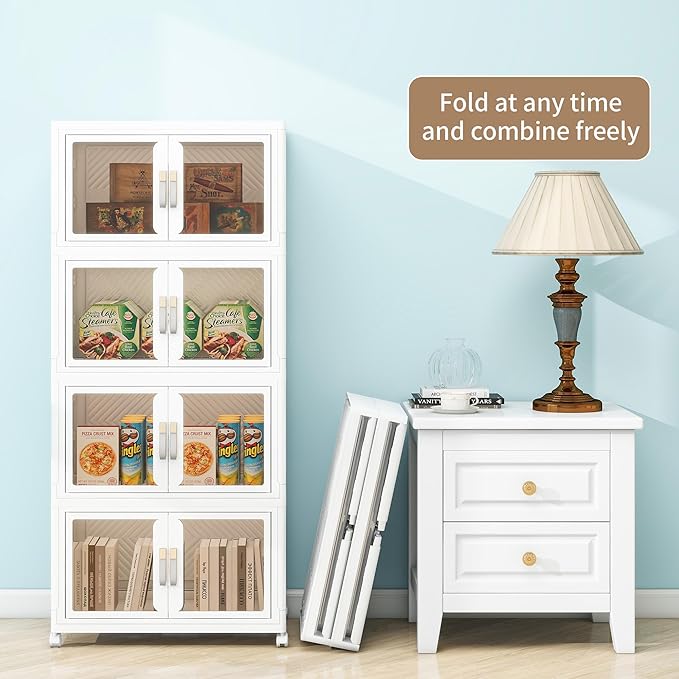 Large Clear Stackable Storage Bins with Lids, 180QT-45QT*4Tier Foldable Cabinet for Closet Organizers, Plastic Storage Box with Wheels White