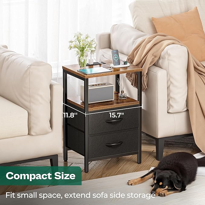 Huuger Nightstands Set of 2, End Tables with Charging Station, Side Tables with Fabric Drawers, Bedside Tables with USB Ports and Outlets, Night Stands for Bedroom, Rustic Brown and Black