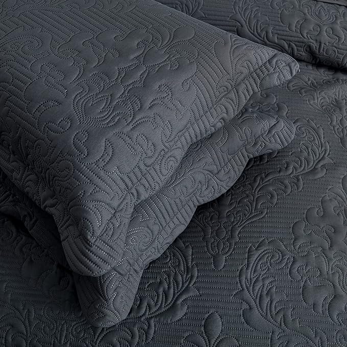 CHIXIN Bedspread Coverlet Quilt Set Full Size - Lightweight Bedding Cover - Ultrasonic Quilting - 5 Piece Reversible Bedspread - Elegant Damask Paisley Pattern (Full, Dark Grey)