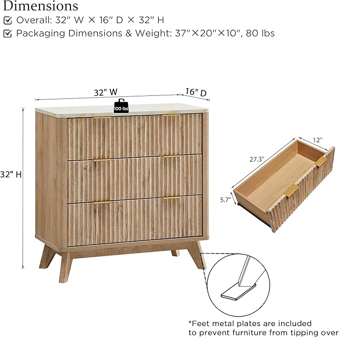 T4TREAM Fluted 3 Drawers Nightstand, Oversized Extra Large Modern Side Table with Faux Marble Top, End Table Bedside for Bedroom, Living Room, Curved Profile Design, Natural Oak | Fluted, Modern, 3 Drawers, with Storage, for Bedroom, for Living Room