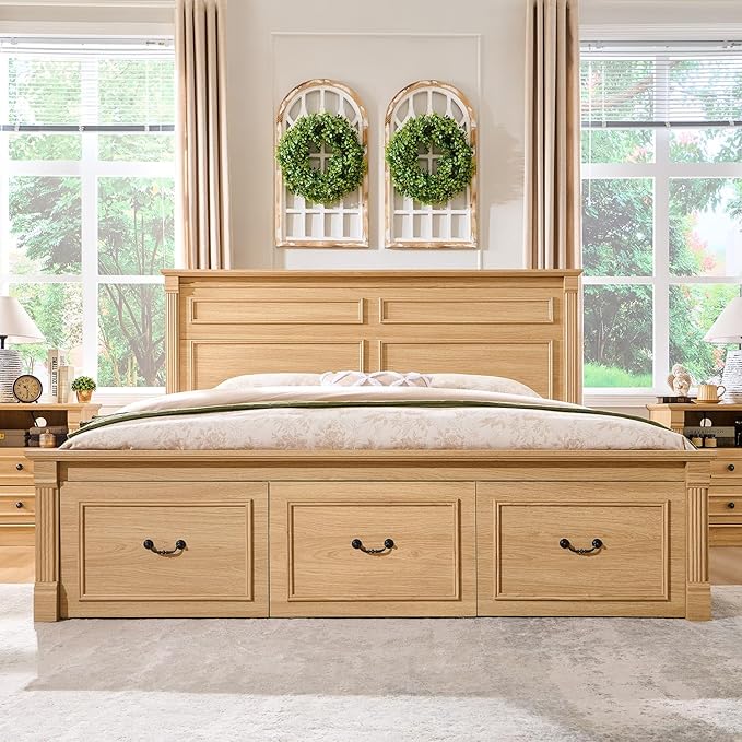 Farmhouse King Size Bed Frame with 51" Tall Headboard, Wood Platform Bed Frame with 20" Tall Roman Column Decoration Footboard & 3 Large Storage Drawers, No Box Spring Needed (Natrual)
