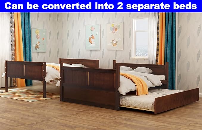 STERXONE Best Thicken Solid Wood Full Over Full Bunk Bed with Trundle, Luxurious Bunk Bed Frame Full Size with Safety Guard Rail and Ladder, Convertible to 2 Beds for Adults, Teens (Walnut)