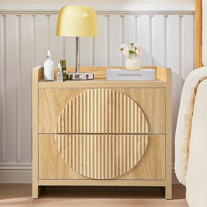 Turtle&Myrtle 24 Inch Wide Fluted Nightstands Set of 2, Large Night Stand with 2 Drawers, Mid Century Modern Bedside Table End Table with Storage for Bedroom Living Room Office (Natural)