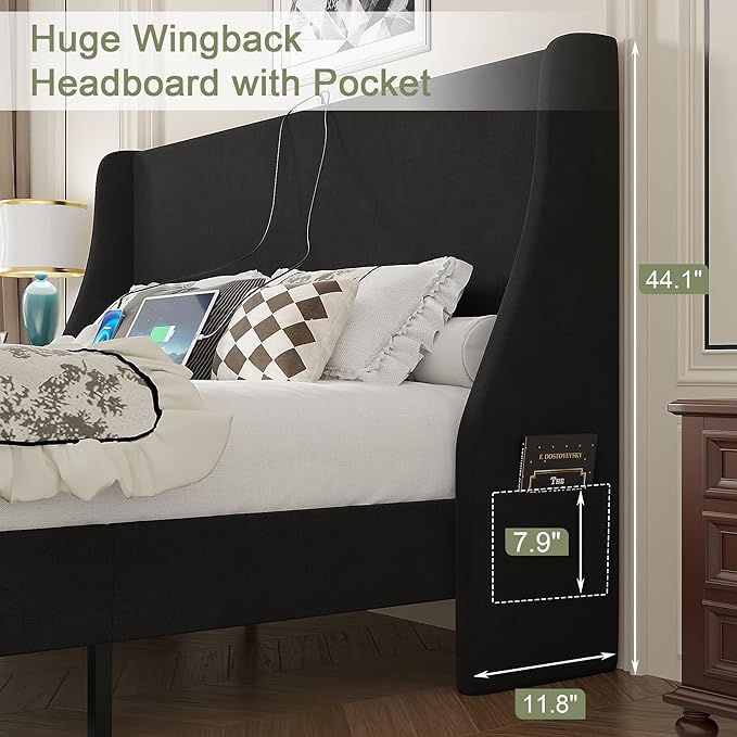 VECELO Full Bed Frame with Upholstered Wingback Headboard, Heavy-Duty Platform Bedframe with Charging Station, Wooden Slats, No Box Spring Needed, Grey