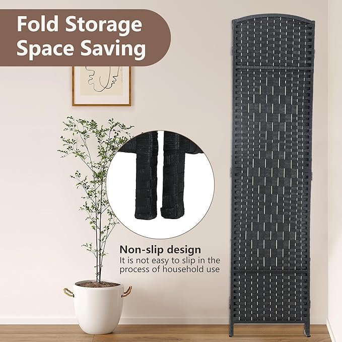 Room Divider 8 Panel Folding Privacy Divider 6 Ft Indoor Wall Divider Portable Partition Wood Screen, Black