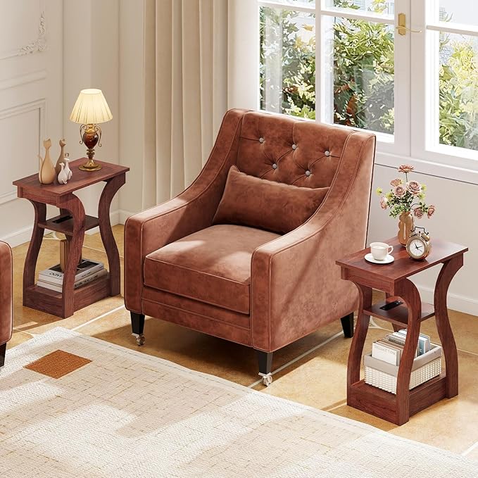 Giantex Narrow End Tables with Charging Station Set of 2, Wood Sofa Side Tables with Open Storage Shelves, Bedside Tables with USB Ports & Outlets, Vintage Nightstands for Living Room, Bedroom, Cherry