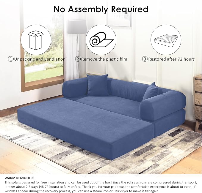 80" Convertible Sofa Bed, Corduroy Deep Seat Folding Pull Out Couch with Pillows, No Assembly Modern Boneless Couch Compression Sofa in Box, Floor Sofa with Storage Pocket,Dark Smog Blue