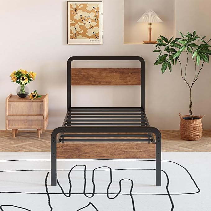 12 Inch Twin XL Bed Frames with Wooden Headboard and Footboard, No Box Spring Needed, Heavy Duty Metal Mattress Foundation, Noise Free, Easy Assembly, Black
