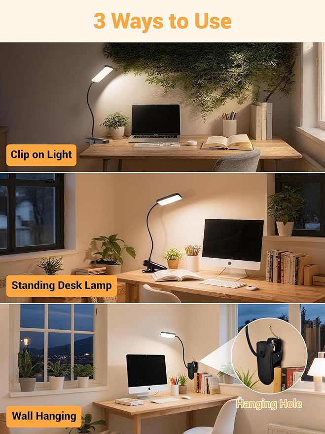 Clip on Light,9 Brightness+5 Color Rechargeable Desk Lamp,4000mAh Battery Operated Lights,450 Lumen 48 LED Desk Lamp with Clamp Light,Cordless Reading Lamps for Bed/Headboard/Bedside Table