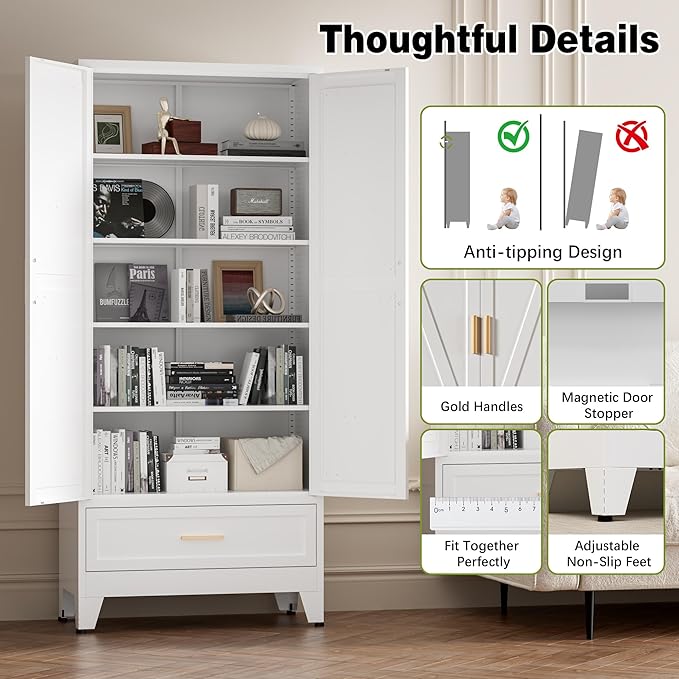 COFaR Metal Storage Cabinet, Farmhouse Storage Cabinet with 2 Doors and 4 Adjustable Shelves - 71" White Kitchen Pantry Storage 5-Tier Tall Steel Cabinets Locker for Kitchen, Living Room, Dining Room
