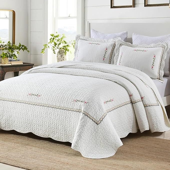 MarCielo 3-Piece 100% Cotton Oversized Bedspread Lightweight Quilt Coverlet Embroidery Farmhouse Bedding Set (Sakura White, Oversized King (118"x106"))