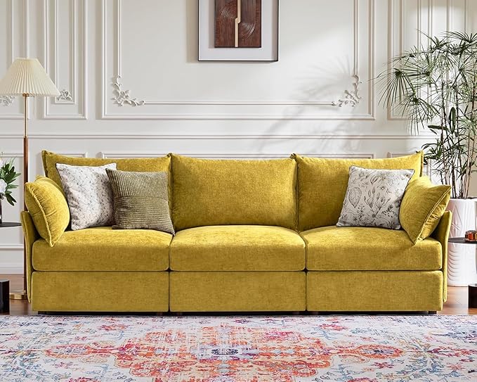 ABCASA 102.6" Modular Sectional Sofa, Oversized 3-Seater Yellow Orange Couch with Removable Chenille Fabric Cover, Deep Seat & High Backrest for Living Room, Office & Apartment