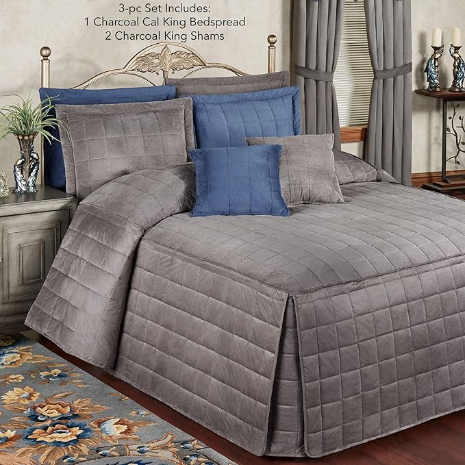 Touch of Class Camden Luxury Bedding | Neutral Charcoal Gray Color | Grande Fitted Bedspread | Faux Suede Box Quilted Design | Designed 3 Piece Set Includes Cal King Bedspread and 2 King Shams