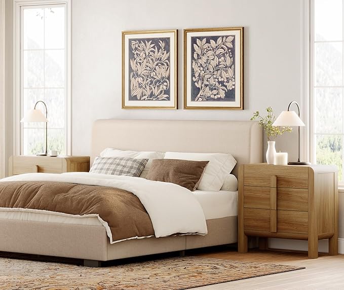 WAMPAT Modern 3-Drawer Nightstand Set of 2, 31.5" Tall Nightstand End Table w/Curved Profile Design,Wooden Dresser with Large Chest of Drawers,Bed Side Table for Bedroom,Living Room, Light Walnut