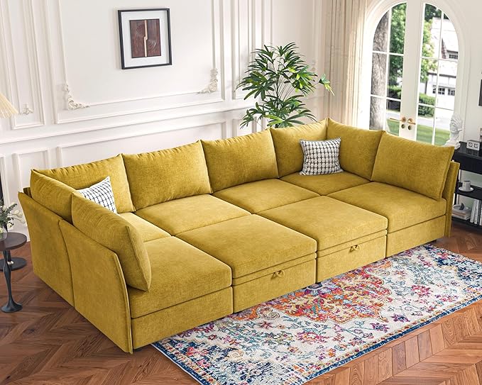 ABCASA 136.4" Oversized Modular Sectional Sleeper Sofa Bed, U Shaped Convertible Couch with Movable Ottoman, Large 8 Seat Corner Couches for Living Room Deep Seat Yellow Chenille