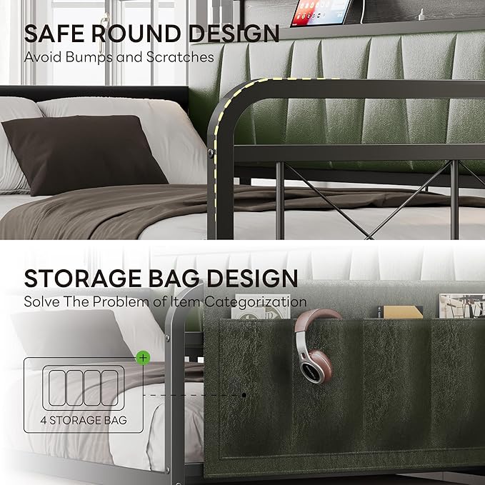 LIKIMIO Daybed with Trundle Bed, Twin Bed Frame with Storage Headboard and Charging Station, Sofa Day Bed with Strong Supports for Living Room, Bedroom, and Guest Room, Dark Green