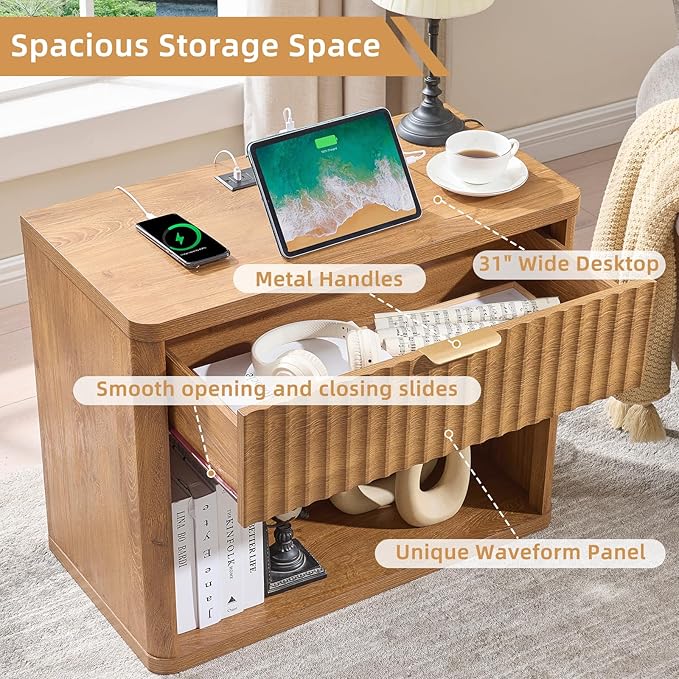 LEYAOYAO 31" Wide Fluted Nightstand Set of 2 with Charging Station, Oversized Extra Large 1 Drawer Night Stand with Golden Handle, Brown Wood Bedside Table Tall End Tables,for Bedroom, Living Room