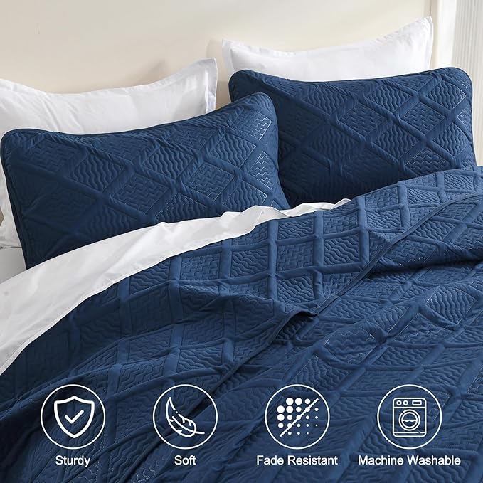 Yiran Quilt Queen Size Bedding Set Navy Blue Bedspreads Embossed Diamond Pattern 3 Piece Soft Microfiber Coverlet for All Season with 2 Pillow Shams (96x90 Inch)