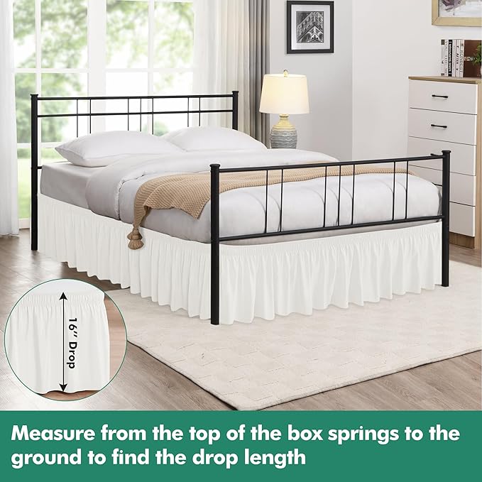 Biscaynebay Wrap Around Bed Skirts with Split Corners for Full Beds 16" Drop, Ivory Elastic Dust Ruffles Adjustable Easy Fit Wrinkle & Fade Resistant Silky Luxurious Fabric Machine Washable