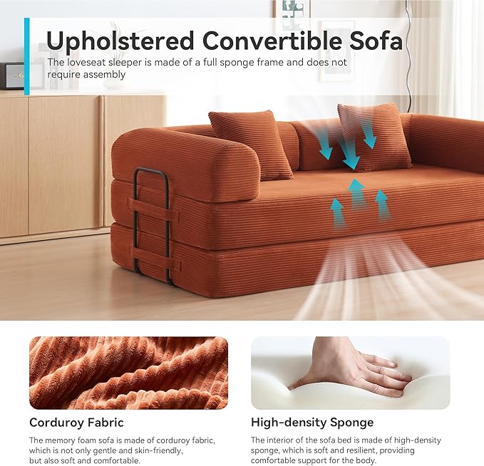 Convertible Sleeper Sofa with 2 Pillow, Modern Corduroy Futon Bed, Modular Sofa with Pull-Out Bed, Love Seat Sleeper for Living Room, Small Space Apartment, Office