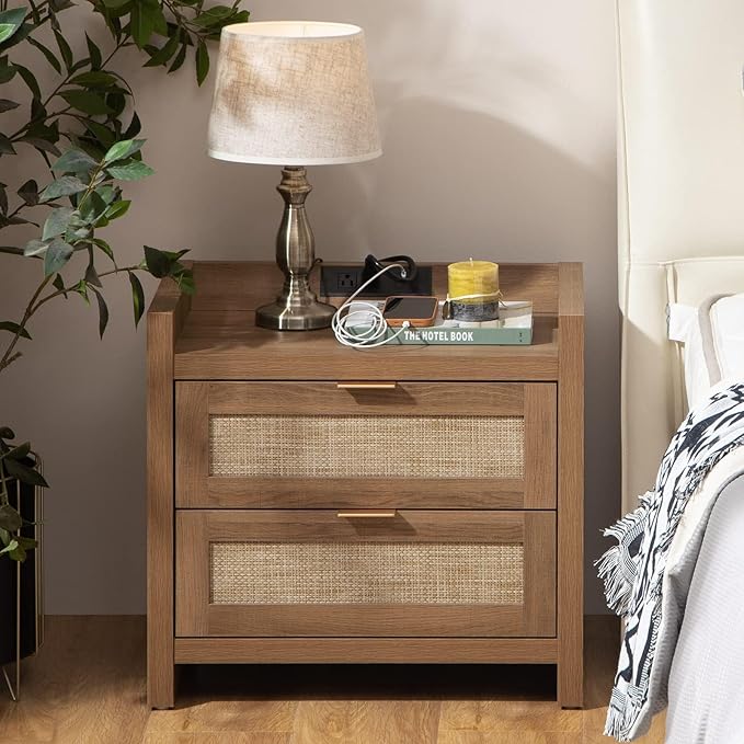 SICOTAS Rattan Nightstand End Table - Night Stand Bedside Table with Type-C Charging Station, 2 Drawers Storage - Boho Night Stands for Bedroom - Natural Oak