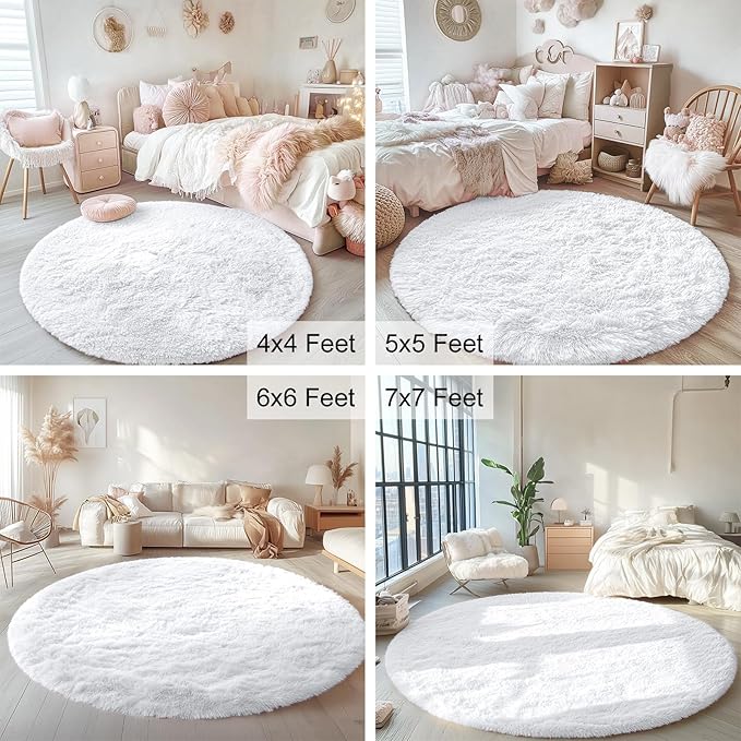OLANLY White Round Rugs for Bedroom - Machine Washable, 7 ft Circle Area Rugs for Living Room, Soft and Fluffy Shaggy Carpet for Teen Girls and Boys, Nursery Rooms, Dorms, Home Decor Aesthetic