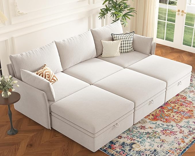 ABCASA 102.6" Luxury Modular Sleeper Sofa Bed 6 Seat Reversible Sectional Couch Deep Seat with Storage Chaises Removable Cover for Living Room, Apartment - Chenille Terracotta White