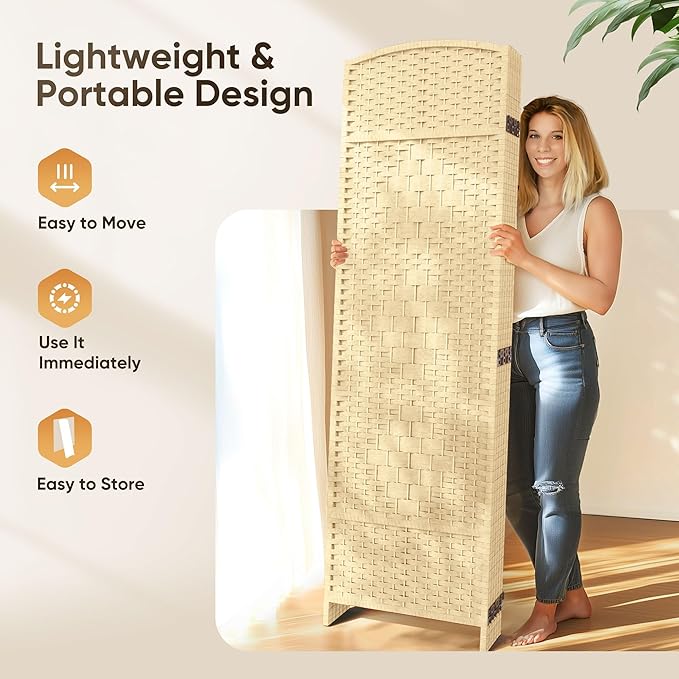 JOSTYLE 6ft. Tall Extra Wide , Folding Privacy Screens with Diamond Double-Weave and Freestanding Room Dividers (Ivory, 6-Panel)