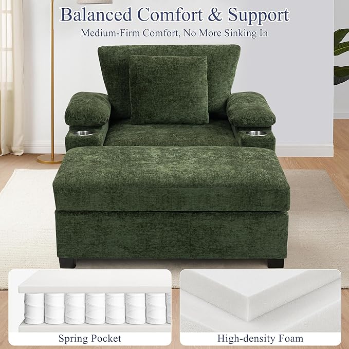 SUNWAVE 58" Chaise Lounge Chair with Ottoman, Chenille Fabric Sofa Bed, Accent Chair with Cupholders & USB Charging Ports for Living Room, Bedroom, Apartment (1 Chaise Forest Green)