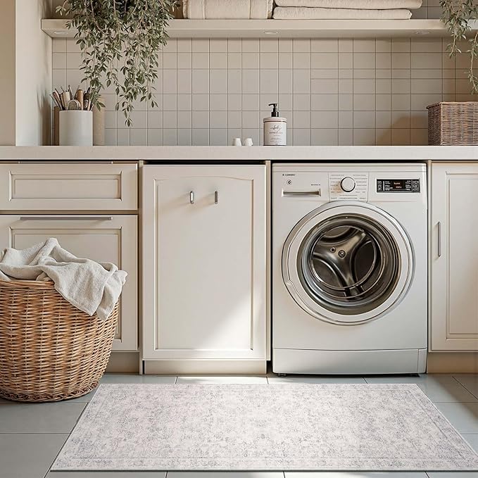 jinchan Runner Rug 2x5 Kitchen Rugs Hallway Runner - Machine Washable Vintage Floral Non-Slip, Low Pile Soft Ultra-Thin Distressed Carpet for Entryway Farmhouse Bedroom Laundry Room (2’x5’, Ivory)