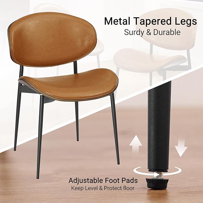 Art Leon Dining Chairs Set of 4, Grey Oak Bentwood, Mid Century Modern Chair, Orange Faux Leather Kitchen Dining Room Chairs with Black Metal Legs, Accent Chairs for Bedroom