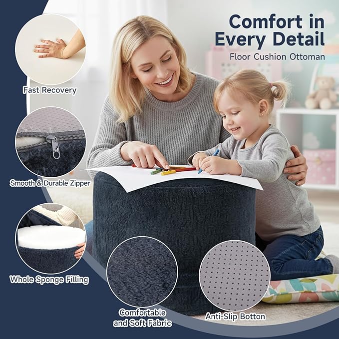 Tiita Stuffed Pouf Ottoman, Round Foot Stool Fluffy Floor Poufs Chair for Living Room Bedroom, Filled Boho Foot Rest for Couch, Blue-Grey
