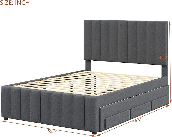 Bellemave Full Size Bed Frame with Twin Trundle Bed and Storage Drawers,Linen Upholstered Bed Frame,Full Size Trundle Bed with Adjustable Headboard for Kids Teens Adults,Gray