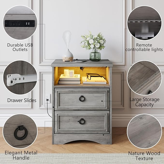 Large Nightstand Set of 2 with Drawers,17.7"W Accent Night Stand with Charger Station LED Lights, Bed Side Table with 2 Drawers, End Table with Easy Open Storage for Bedroom, Living Room,Gray