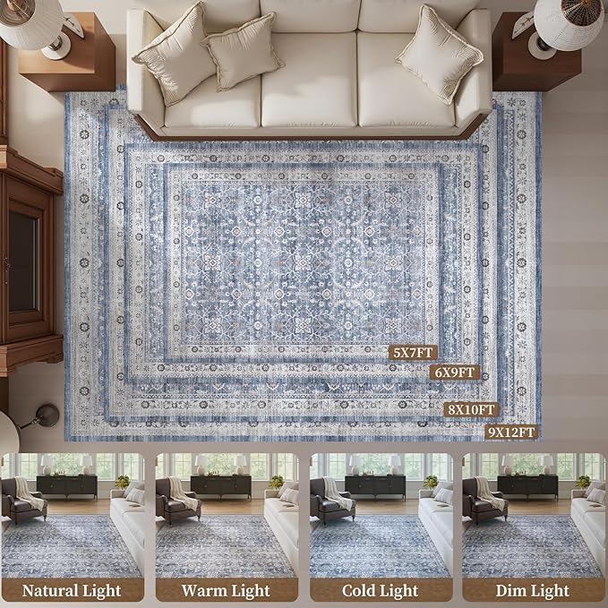 MontVoo-Vintage Area Rug 6X9 Blue Rugs for Living Room-Soft Distressed Printed Rugs for Bedroom-Non Slip Carpet-Machine Washable Rug for Dining Room Living Room Bedside Office