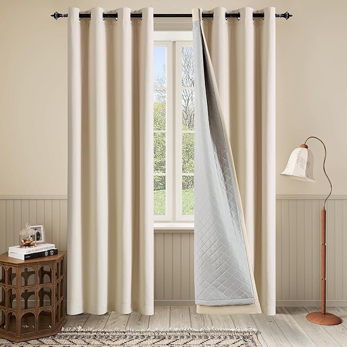3-in-1 100% Blackout Curtains 84 Inches Long Thermal Insulation Soundproof Noise Canceling Curtains for Bedroom Living Room (W50xL84 Inch, Beige, 1 Panel)