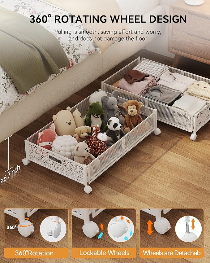 Under Bed Storage with Wheels, Foldable Pattern Carved Metal Under The Bed Storage, Tool-Free Assembly Under Bed Storage Containers, 60L Underbed Storage for Bedroom Clothes Blankets-2 Pack